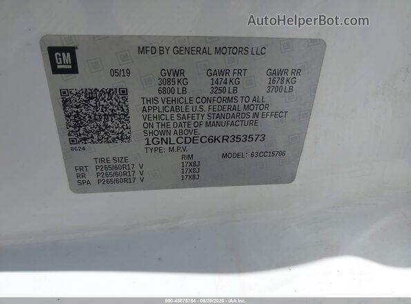 1GNLCDEC6KR353573 2019 CHEVROLET TAHOE White Engine compartment view