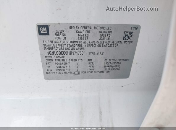 1GNLCDEC8HR171768 2017 CHEVROLET TAHOE White Вид підкапотного простору