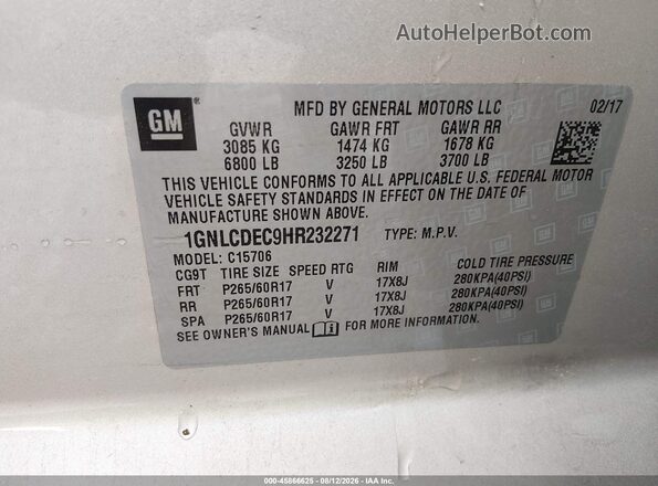 1GNLCDEC9HR232271 2017 CHEVROLET TAHOE Gold Vista del compartimento del motor