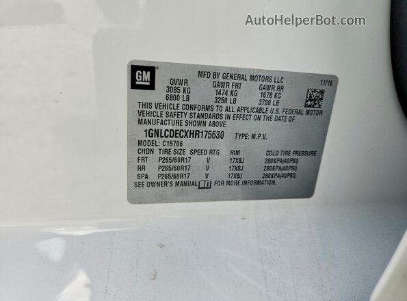 1GNLCDECXHR175630 2017 CHEVROLET TAHOE White VIN sticker view