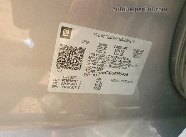 1GNLCDECXKR295435 2019 CHEVROLET TAHOE Серый Вид наклейки с VIN-кодом