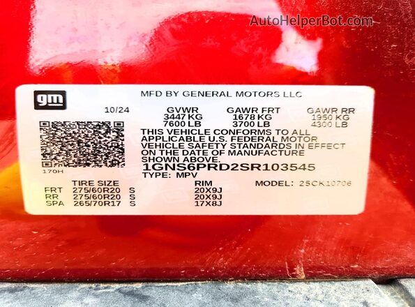 1GNS6PRD2SR103545 2025 CHEVROLET TAHOE Brown VIN sticker view