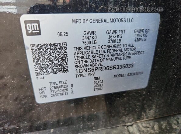 1GNS6PRD6SR335033 2025 CHEVROLET TAHOE Черный Вид наклейки с VIN-кодом