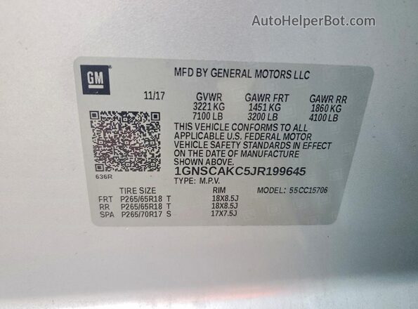 1GNSCAKC5JR199645 2018 CHEVROLET TAHOE Silver Vista del compartimento del motor