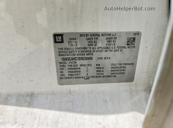 1GNSCAKC7GR239989 2016 CHEVROLET TAHOE White Widok naklejki z numerem VIN