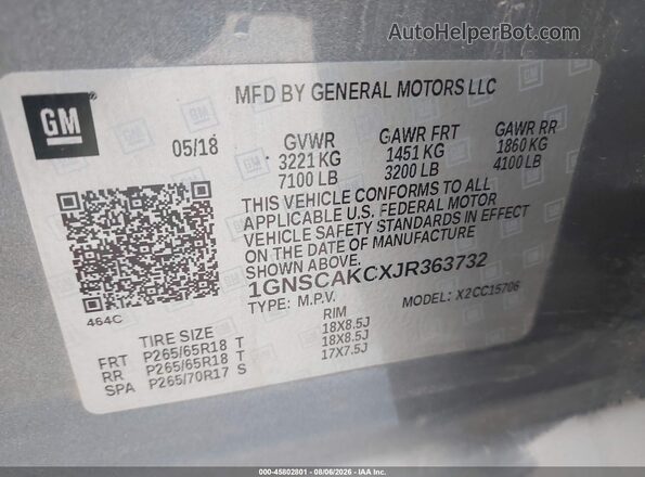1GNSCAKCXJR363732 2018 CHEVROLET TAHOE Gray Widok komory silnika