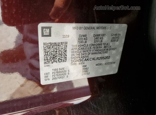 1GNSCAKCXLR205202 2020 CHEVROLET TAHOE Maroon VIN կոդի պիտակի տեսք