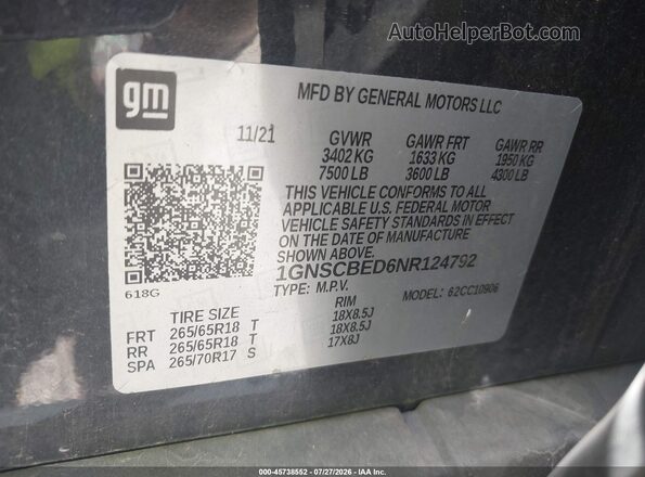 1GNSCBED6NR124792 2022 CHEVROLET SUBURBAN Black Engine compartment view