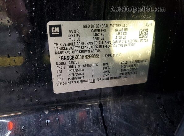 1GNSCBKC0HR259668 2017 CHEVROLET TAHOE Black VIN კოდის სტიკერის ხედი
