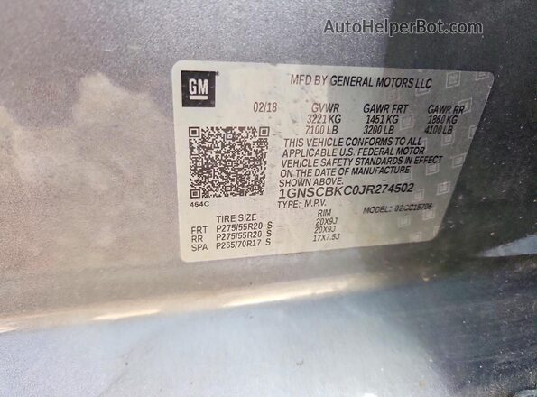 1GNSCBKC0JR274502 2018 CHEVROLET TAHOE Gray Vista interior de 360 grados