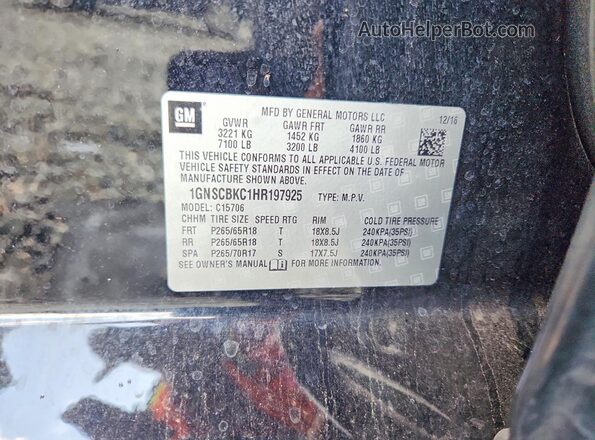 1GNSCBKC1HR197925 2017 CHEVROLET TAHOE Черный Вид наклейки с VIN-кодом