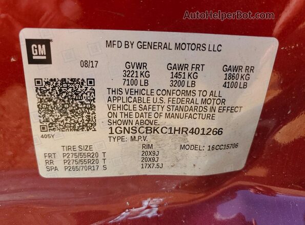 1GNSCBKC1HR401266 2017 CHEVROLET TAHOE Maroon Vista de la etiqueta del VIN