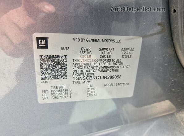 1GNSCBKC1JR389058 2018 CHEVROLET TAHOE Серый Вид наклейки с VIN-кодом