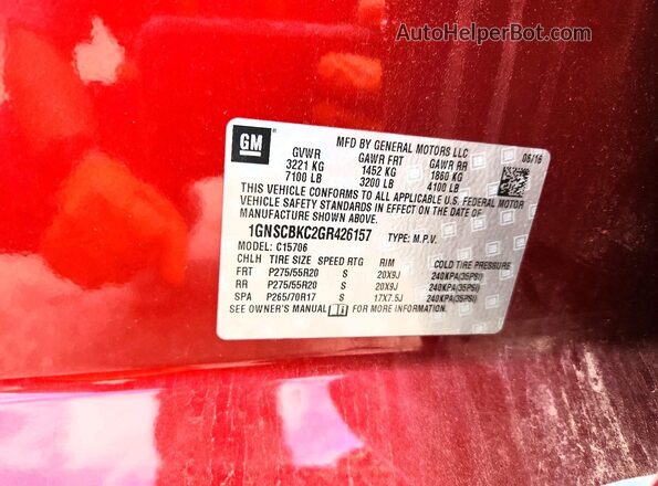 1GNSCBKC2GR426157 2016 CHEVROLET TAHOE Burgundy VIN კოდის სტიკერის ხედი