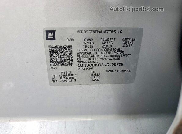 1GNSCBKC2KR409738 2019 CHEVROLET TAHOE Silver Vista del compartimento del motor