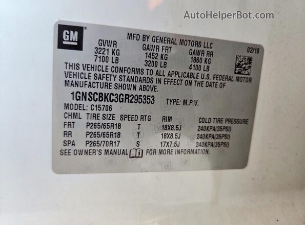 1GNSCBKC3GR295353 2016 CHEVROLET TAHOE White VIN sticker view