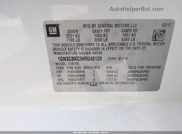1GNSCBKC3HR248129 2017 CHEVROLET TAHOE White Widok komory silnika