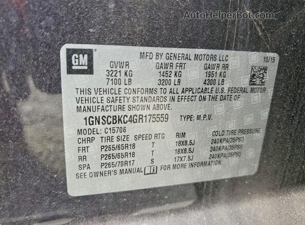 1GNSCBKC4GR175559 2016 CHEVROLET TAHOE Charcoal Widok naklejki z numerem VIN