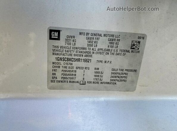 1GNSCBKC5HR116621 2017 CHEVROLET TAHOE Silver VIN კოდის სტიკერის ხედი