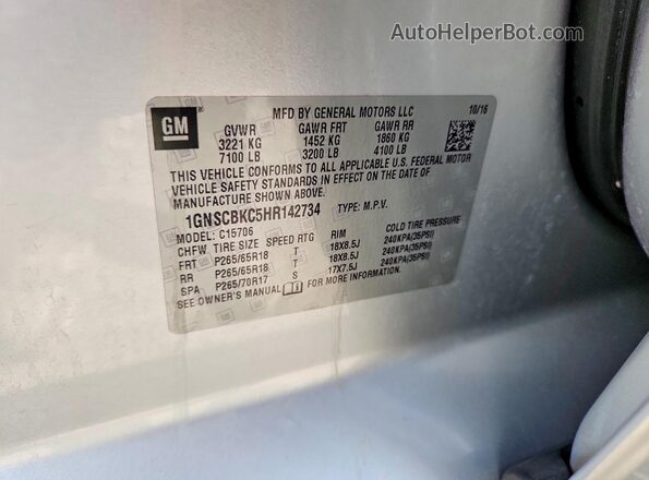 1GNSCBKC5HR142734 2017 CHEVROLET TAHOE Серебряный Вид наклейки с VIN-кодом