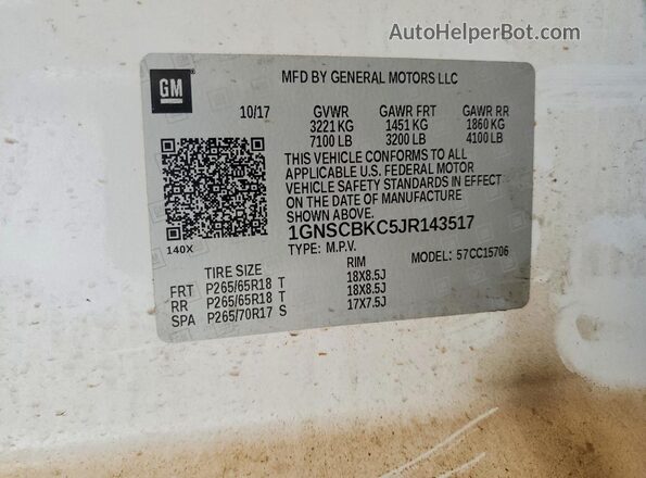 1GNSCBKC5JR143517 2018 CHEVROLET TAHOE White Սալոնի 360 աստիճան տեսք