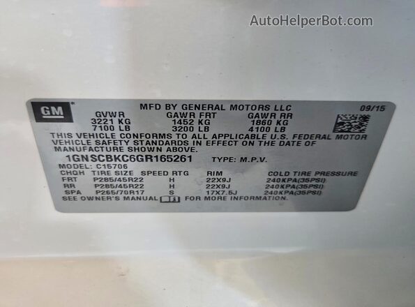 1GNSCBKC6GR165261 2016 CHEVROLET TAHOE White VIN կոդի պիտակի տեսք