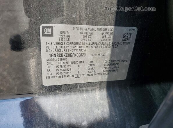 1GNSCBKC8GR400629 2016 CHEVROLET TAHOE Black Вид наклейки з VIN-кодом