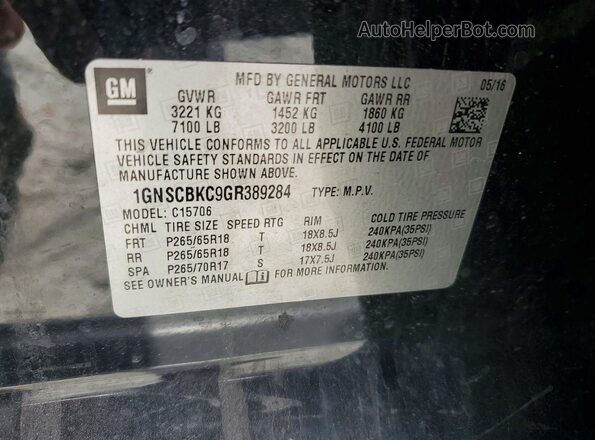 1GNSCBKC9GR389284 2016 CHEVROLET TAHOE Black VIN sticker view