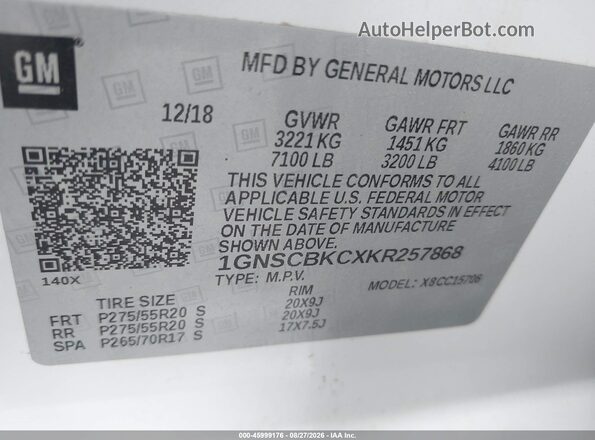 1GNSCBKCXKR257868 2019 CHEVROLET TAHOE White Вид підкапотного простору