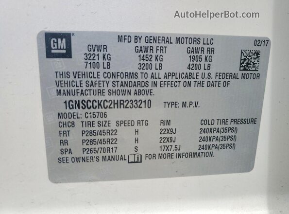 1GNSCCKC2HR233210 2017 CHEVROLET TAHOE White VIN կոդի պիտակի տեսք