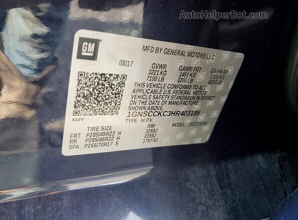 1GNSCCKC3HR403185 2017 CHEVROLET TAHOE Blue VIN կոդի պիտակի տեսք