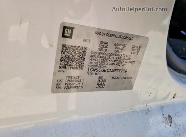 1GNSCGEC1JR396858 2018 CHEVROLET SUBURBAN White Vista de la etiqueta del VIN