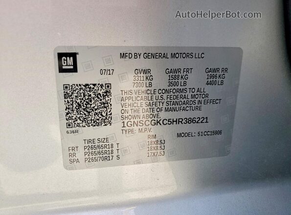 1GNSCGKC5HR386221 2017 CHEVROLET SUBURBAN Silver VIN კოდის სტიკერის ხედი