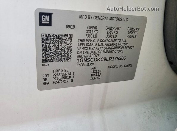 1GNSCGKC9LR175306 2020 CHEVROLET SUBURBAN Белый Вид наклейки с VIN-кодом