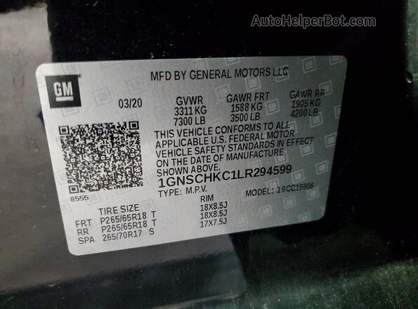 1GNSCHKC1LR294599 2020 CHEVROLET SUBURBAN Черный Вид наклейки с VIN-кодом