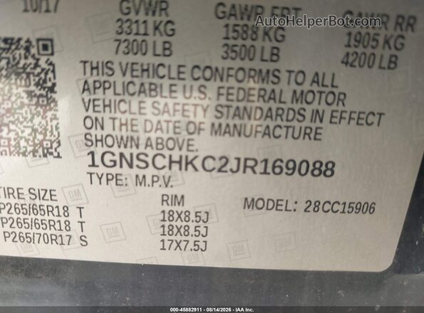 1GNSCHKC2JR169088 2018 CHEVROLET SUBURBAN Black Вид підкапотного простору