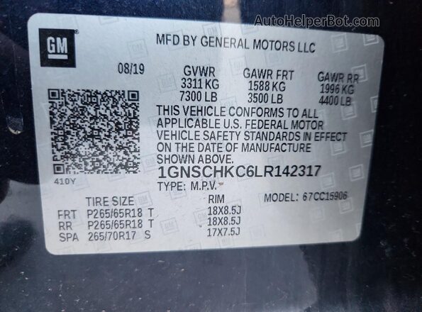 1GNSCHKC6LR142317 2020 CHEVROLET SUBURBAN Blue Vista de la etiqueta del VIN