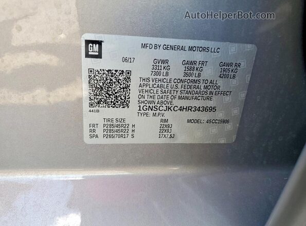 1GNSCJKC4HR343695 2017 CHEVROLET SUBURBAN Gray VIN კოდის სტიკერის ხედი