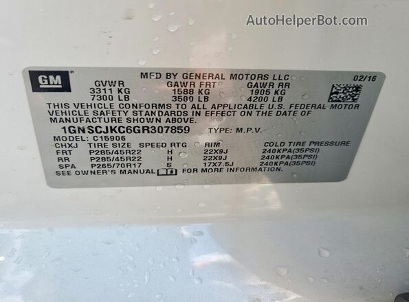 1GNSCJKC6GR307859 2016 CHEVROLET SUBURBAN White VIN კოდის სტიკერის ხედი
