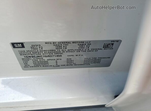 1GNSCJKC7GR371456 2016 CHEVROLET SUBURBAN White Vista interior de 360 grados
