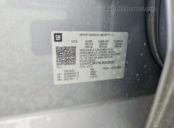 1GNSCJKC9LR218622 2020 CHEVROLET SUBURBAN Silver Vista de la etiqueta del VIN