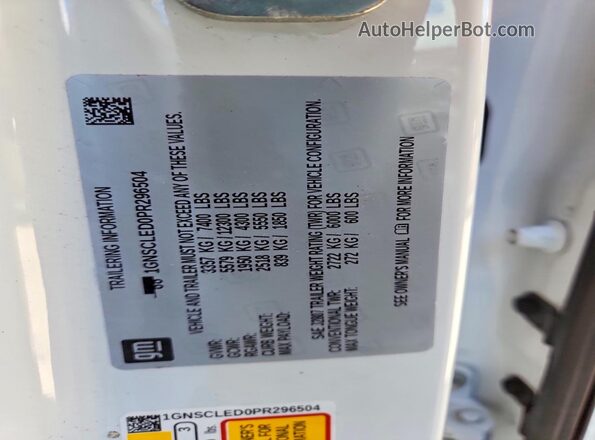 1GNSCLED0PR296504 2023 CHEVROLET TAHOE White Вид наклейки з VIN-кодом