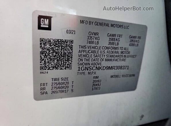 1GNSCNKD9MR308371 2021 CHEVROLET TAHOE Белый Панорамный вид салона 360°