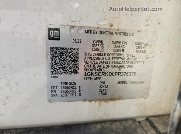 1GNSCRKD0PR376375 2023 CHEVROLET TAHOE White VIN კოდის სტიკერის ხედი
