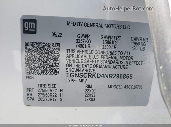 1GNSCRKD4NR296865 2022 CHEVROLET TAHOE White Շարժիչի բաժամունքի տեսք