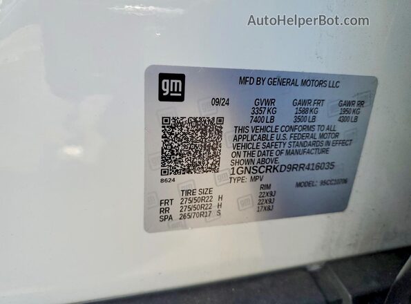 1GNSCRKD9RR416035 2024 CHEVROLET TAHOE Белый Вид наклейки с VIN-кодом