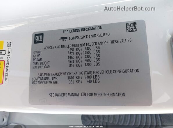 1GNSCSKD1MR331870 2021 CHEVROLET TAHOE White ძრავის განყოფილების ხედი