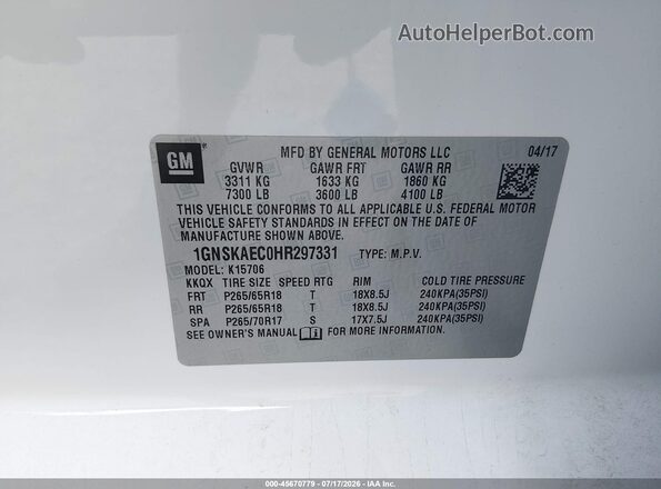 1GNSKAEC0HR297331 2017 CHEVROLET TAHOE White Widok komory silnika