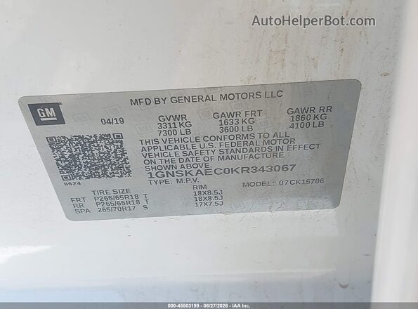 1GNSKAEC0KR343067 2019 CHEVROLET TAHOE White ძრავის განყოფილების ხედი