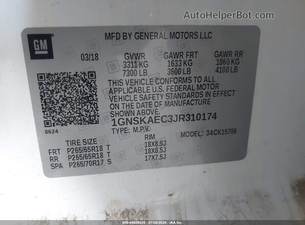 1GNSKAEC3JR310174 2018 CHEVROLET TAHOE White Vista del compartimento del motor